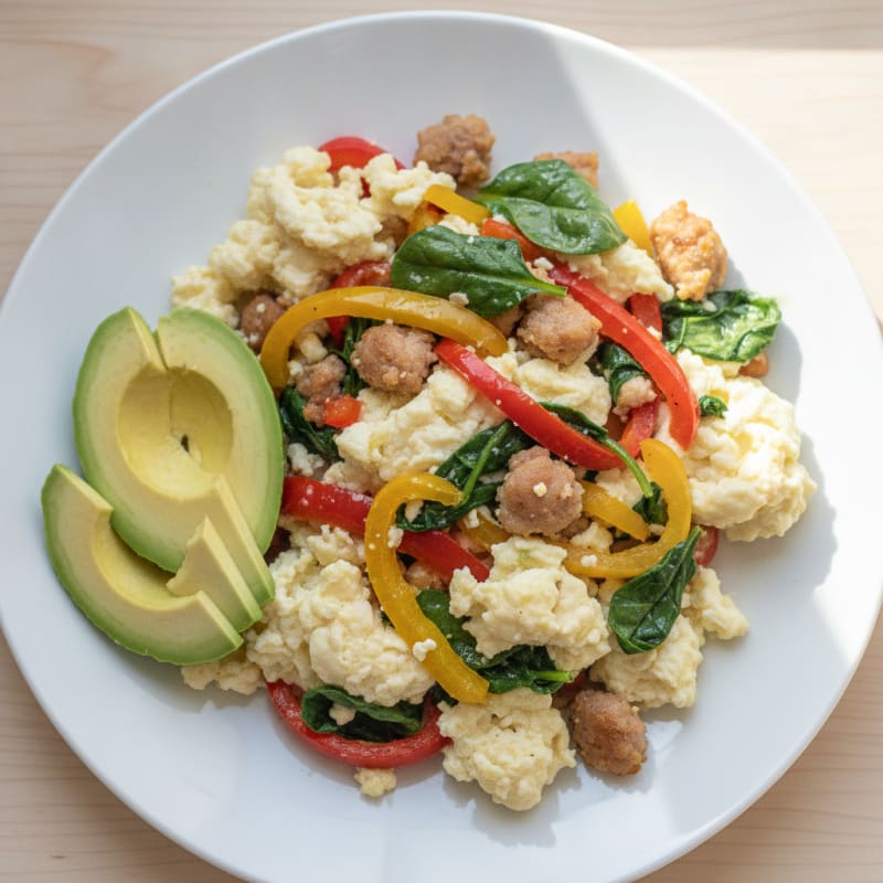 Egg White and Turkey Sausage Scramble with Spinach and Bell Peppers