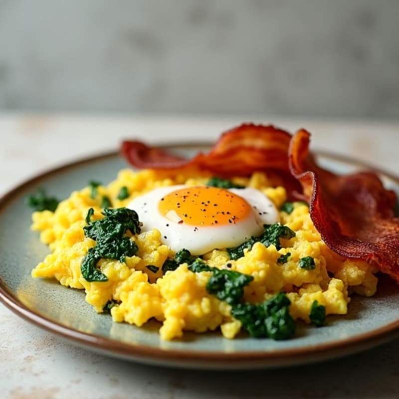 Fluffy Scrambled Eggs with Fresh Spinach and Crispy Turkey Bacon