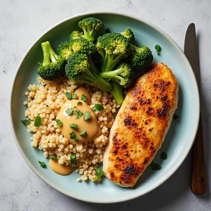 Grilled Chicken Breast with Quinoa, Roasted Broccoli, and Lemon Tahini Drizzle