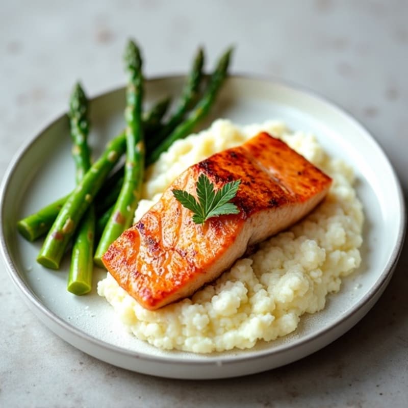 Seared Salmon Fillet with Steamed Asparagus and Cauliflower Mash