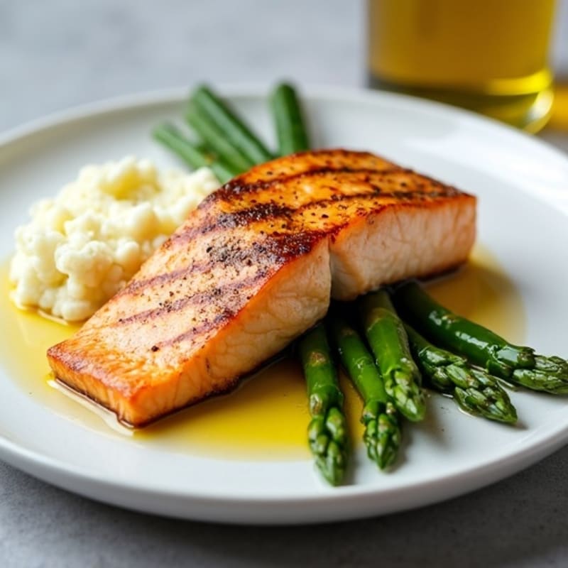 Seared Salmon with Steamed Asparagus and Cauliflower Mash