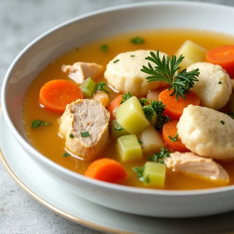 Wholesome Chicken and Vegetable Soup with Soft Herb Dumplings