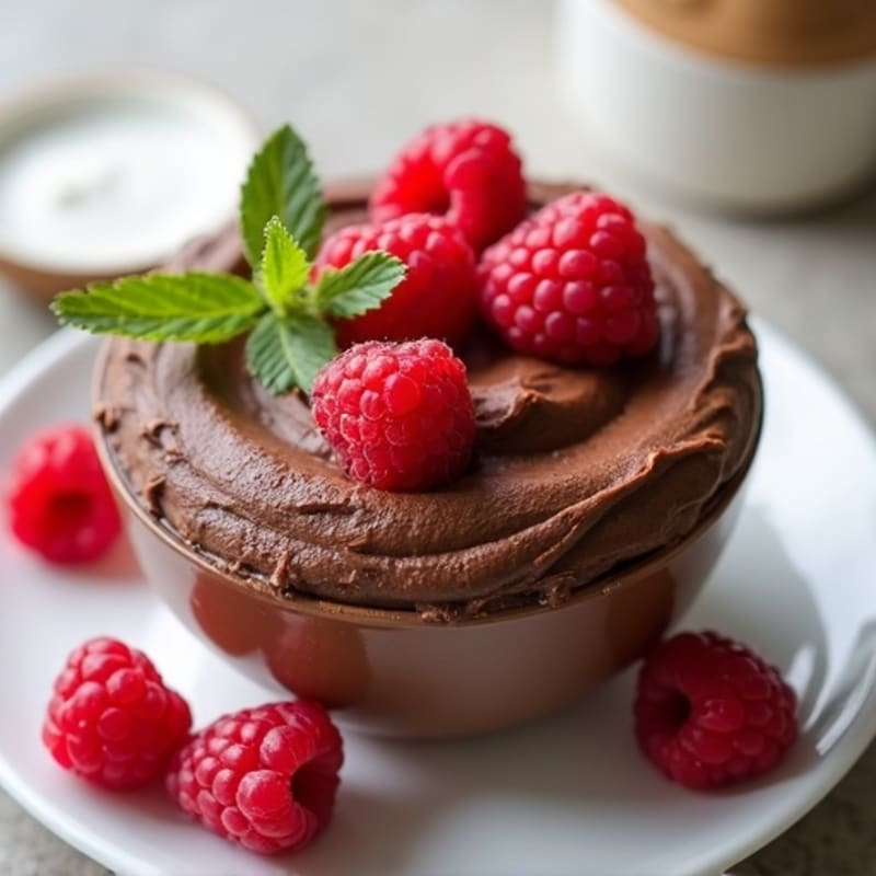 Silky Dark Chocolate Avocado Protein Mousse with Fresh Raspberries