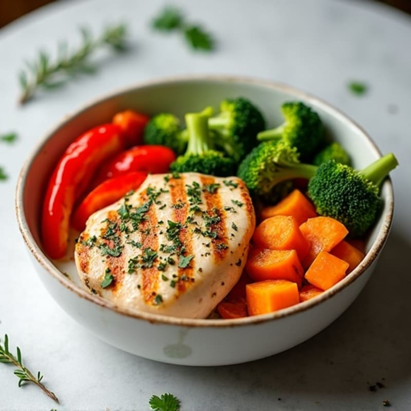 Herb-Roasted Sweet Potato and Chicken Bowl with Garden Vegetables