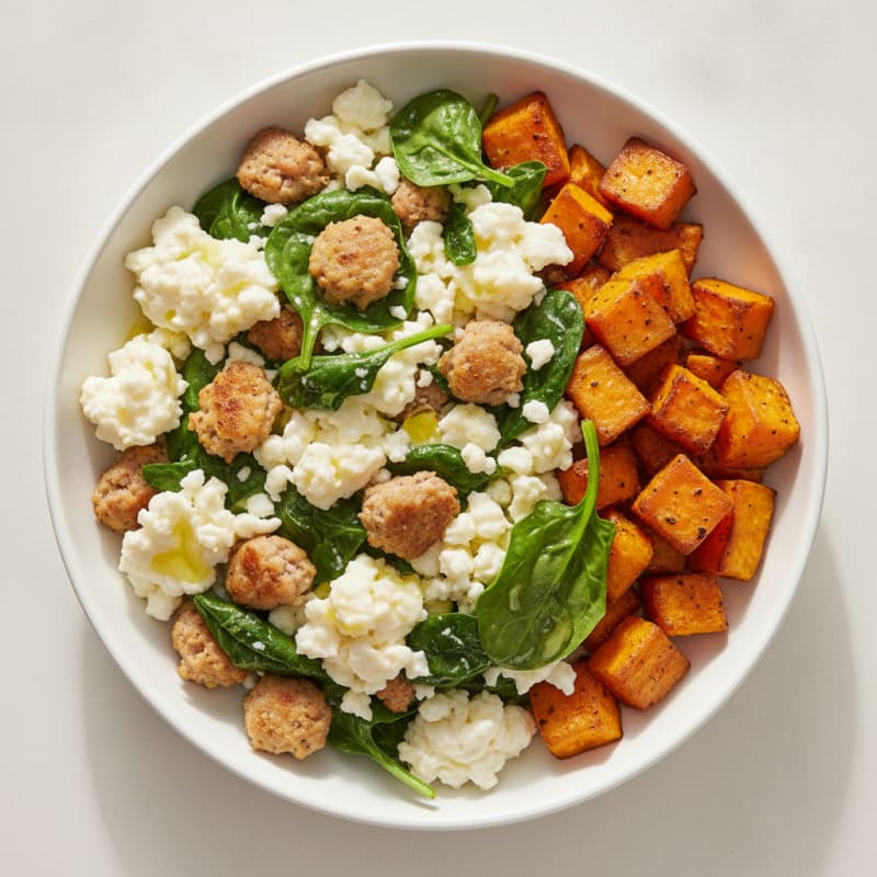 Egg White and Turkey Sausage Scramble with Spinach and Roasted Sweet Potato