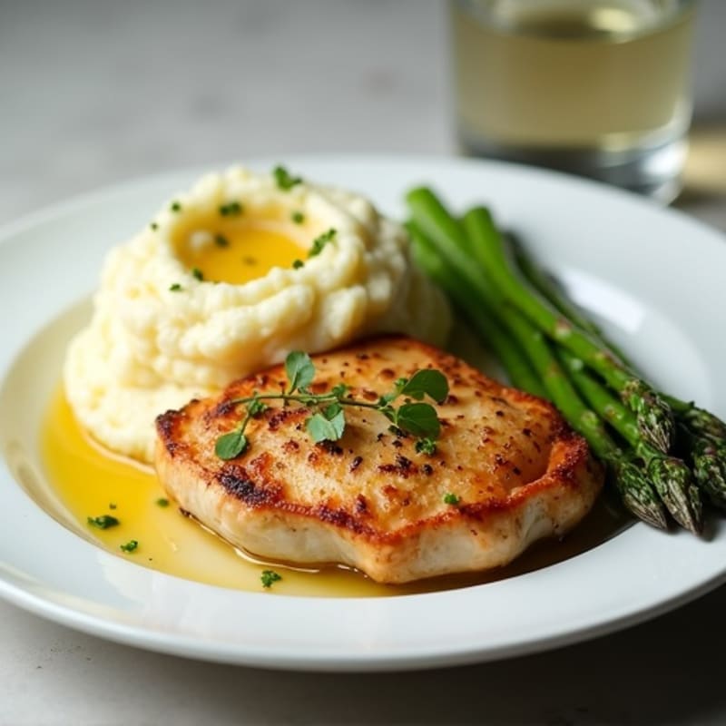Pan-Seared Chicken with Buttery Garlic Mashed Potatoes and Roasted Asparagus