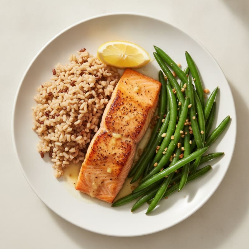 Seared Salmon Fillet with Garlic Green Beans and Brown Rice
