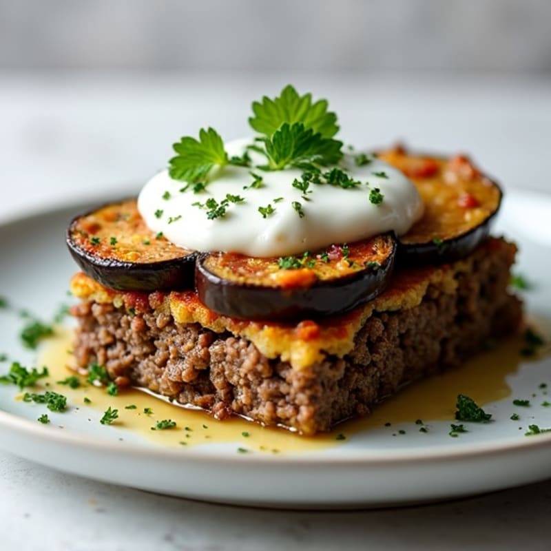 Baked Lean Lamb and Eggplant Layers with Creamy Herb Topping