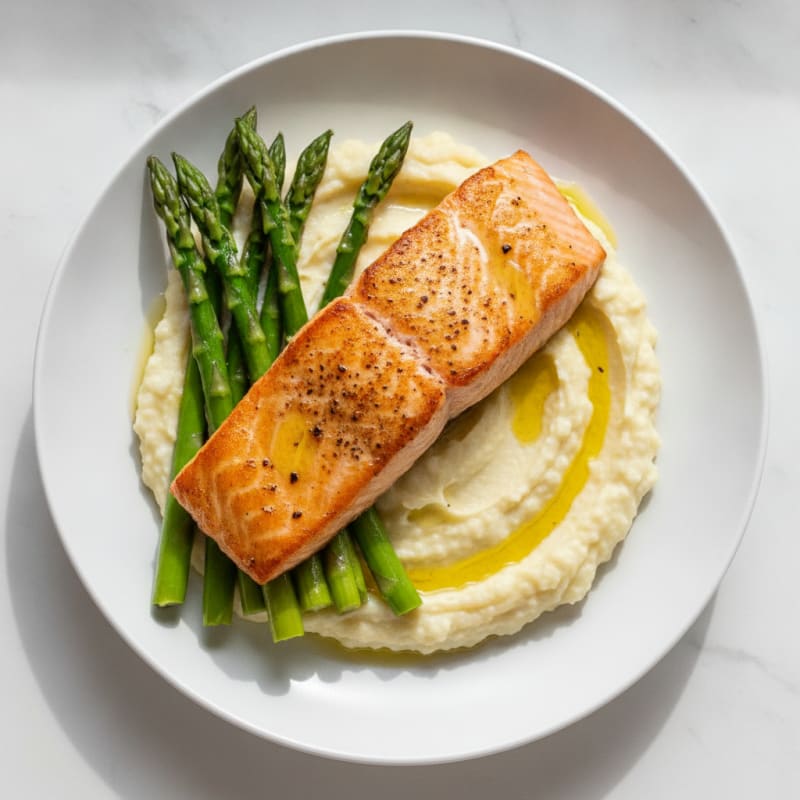 Seared Salmon Fillet with Steamed Asparagus and Garlic Cauliflower Mash