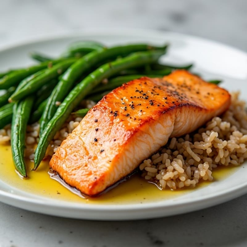 Seared Salmon Filet with Garlic Green Beans and Brown Rice