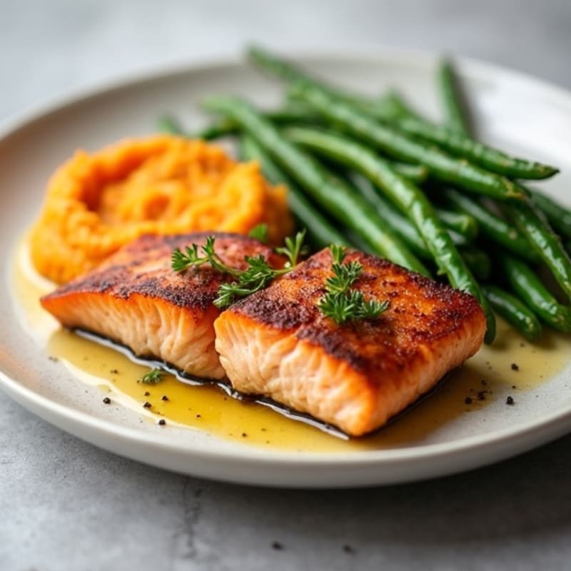 Seared Salmon with Steamed Green Beans and Sweet Potato Mash