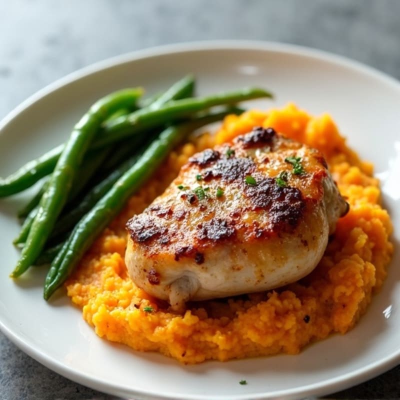 Seared Chicken Thighs with Garlic Green Beans and Sweet Potato Mash
