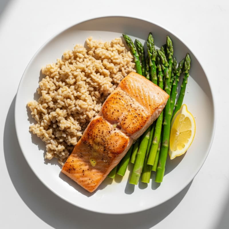 Seared Salmon with Steamed Asparagus and Brown Rice