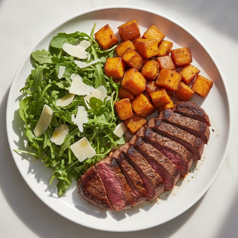 Seared Steak with Roasted Sweet Potatoes and Arugula Parmesan Salad