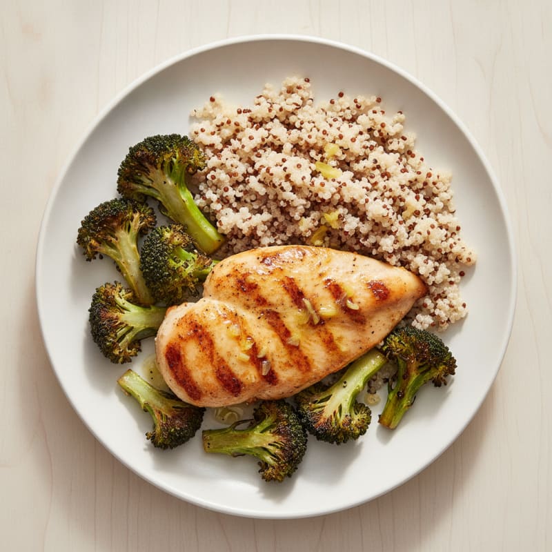 Crispy Grilled Chicken Breast with Quinoa and Roasted Broccoli