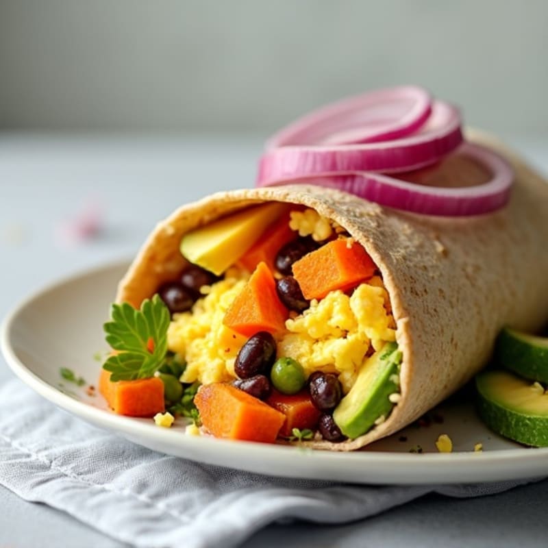 Hearty Scrambled Egg and Black Bean Burrito with Roasted Sweet Potato and Fresh Avocado
