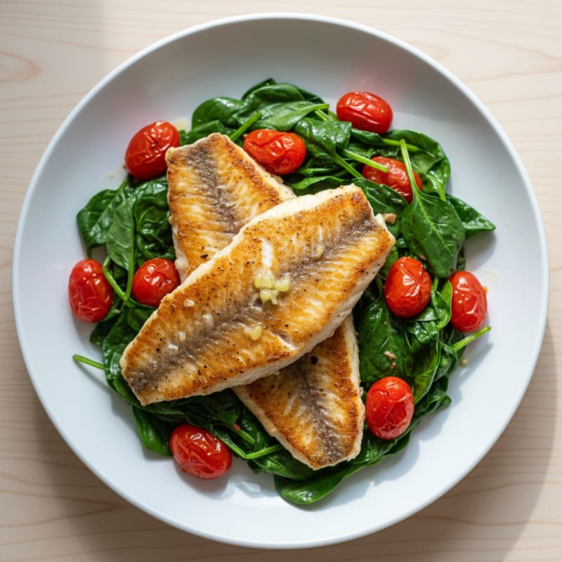 Seared Tilapia with Garlic Spinach and Roasted Tomatoes