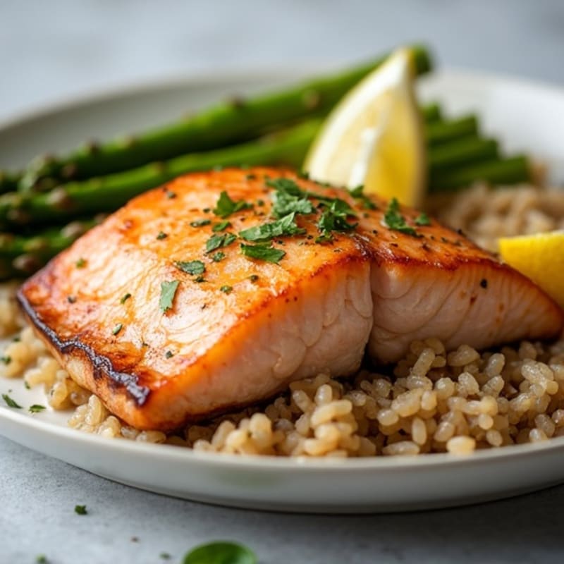 Seared Salmon with Lemon Garlic Asparagus and Brown Rice