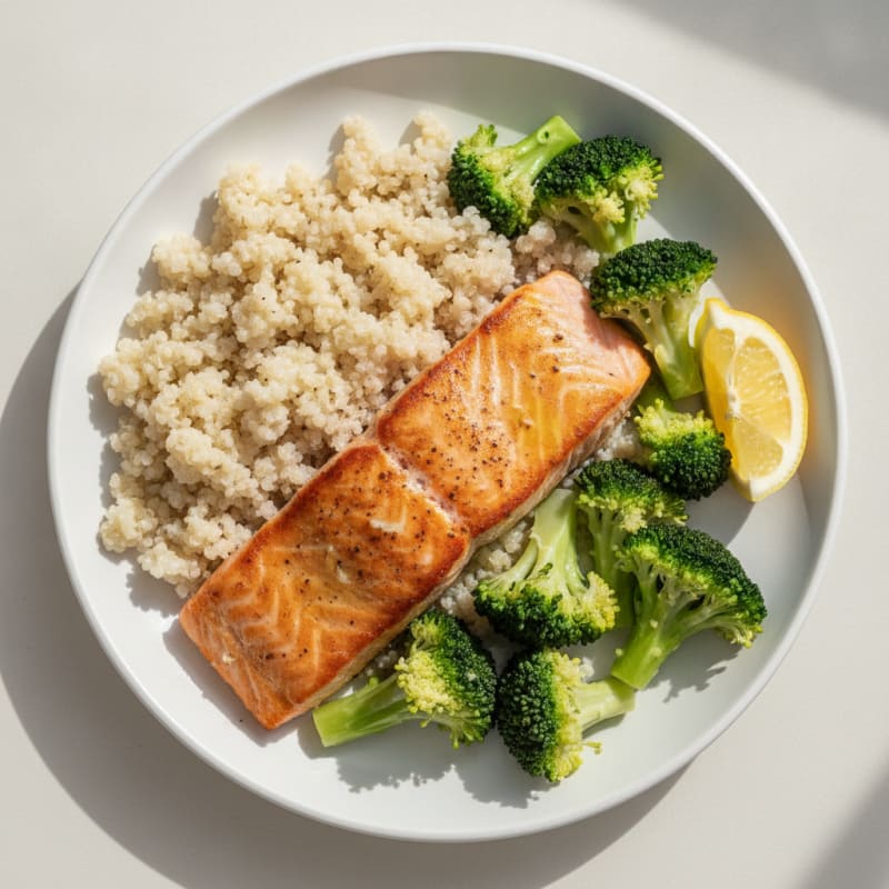 Seared Salmon with Steamed Broccoli and Quinoa