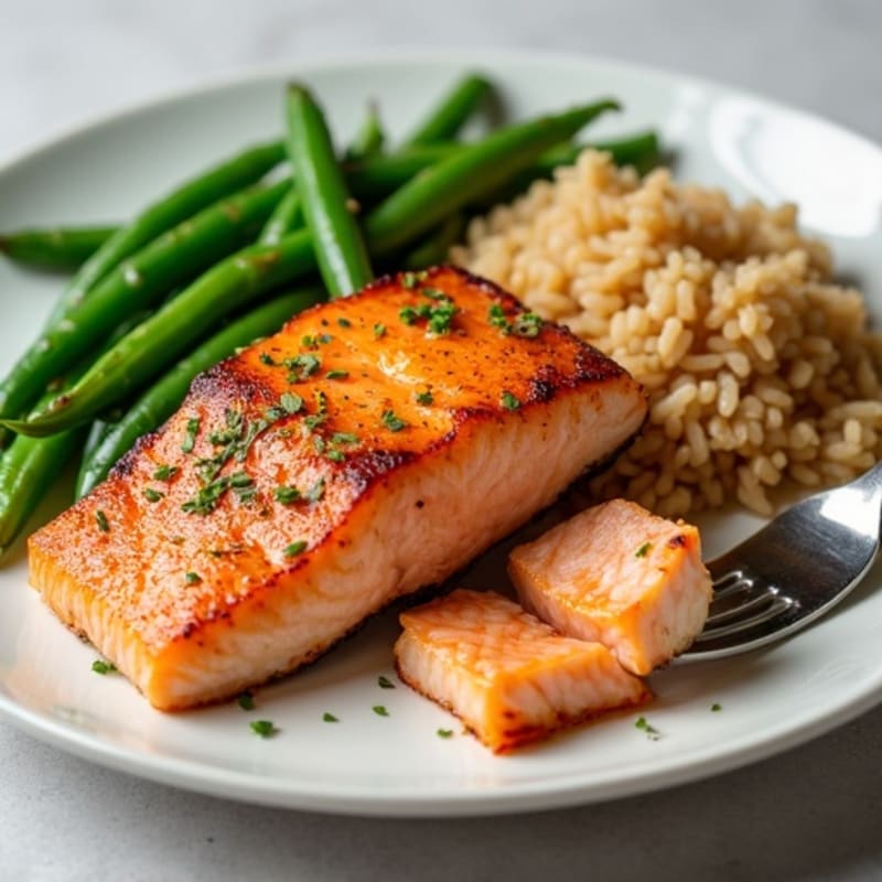 Seared Salmon with Steamed Green Beans and Brown Rice