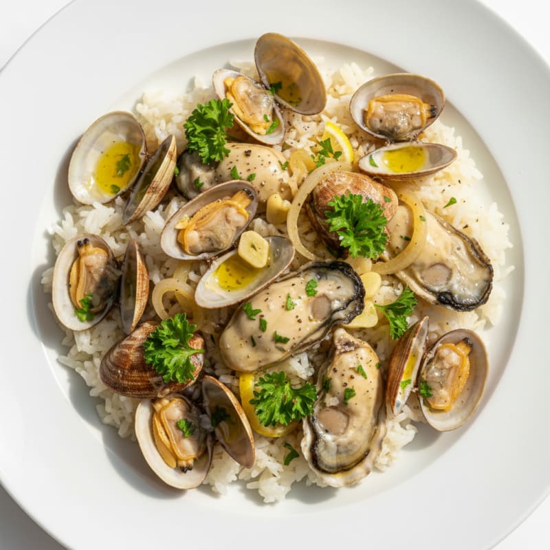 Steamed Clams and Oysters over Rice