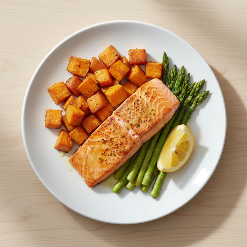 Seared Salmon Fillet with Roasted Sweet Potatoes and Asparagus