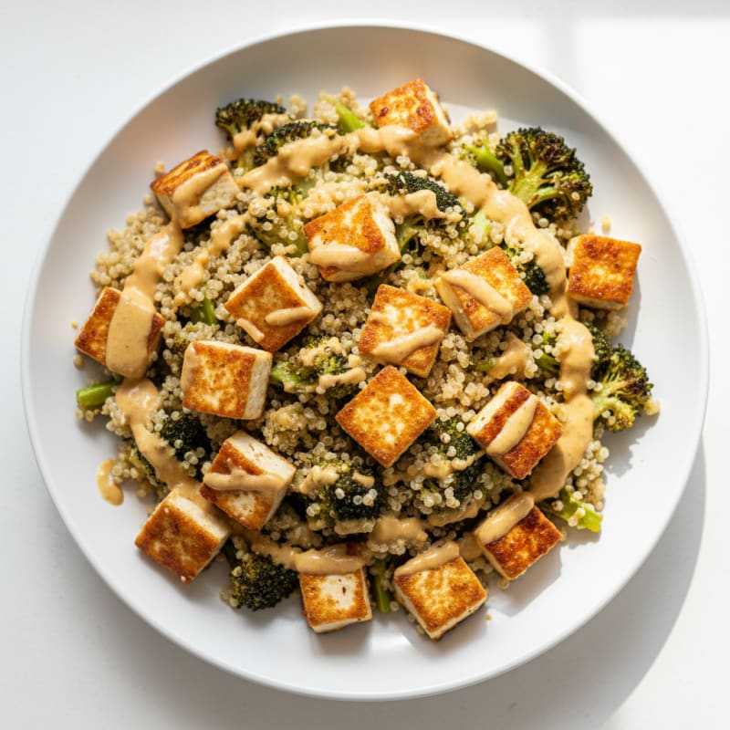 Crispy Tofu and Quinoa Salad with Roasted Broccoli