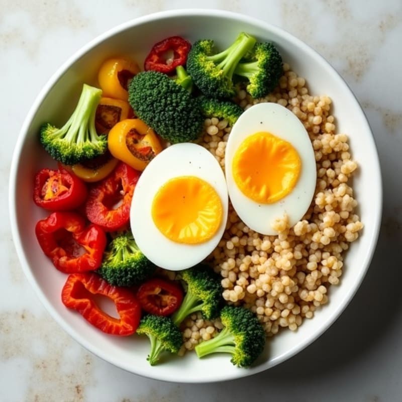 Hard-Boiled Egg and Quinoa Protein Bowl with Roasted Vegetables and Creamy Tahini Dressing