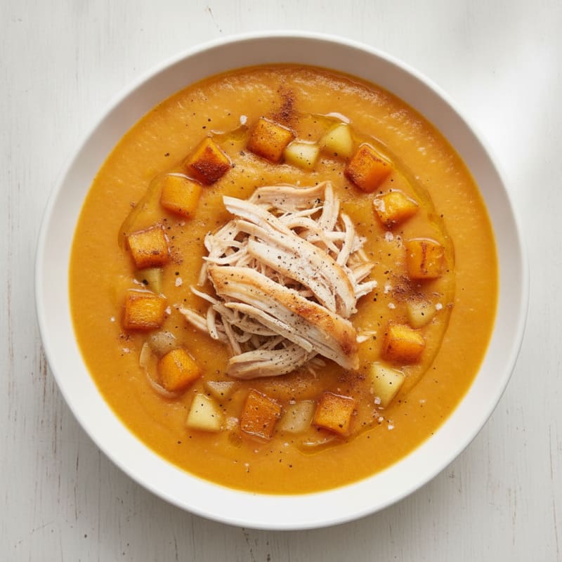 Roasted Butternut Squash and Apple Soup with Shredded Chicken