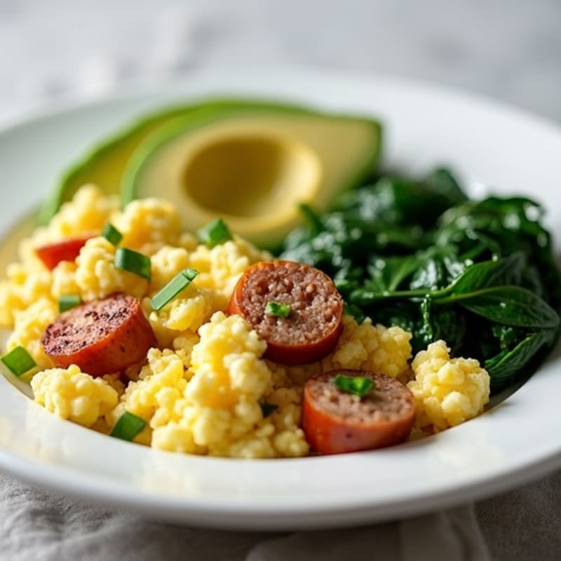 Egg White and Turkey Sausage Scramble with Sautéed Spinach
