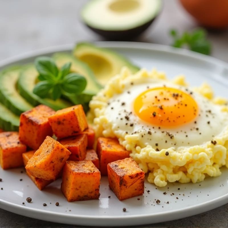 Fluffy Scrambled Eggs with Avocado and Roasted Sweet Potato