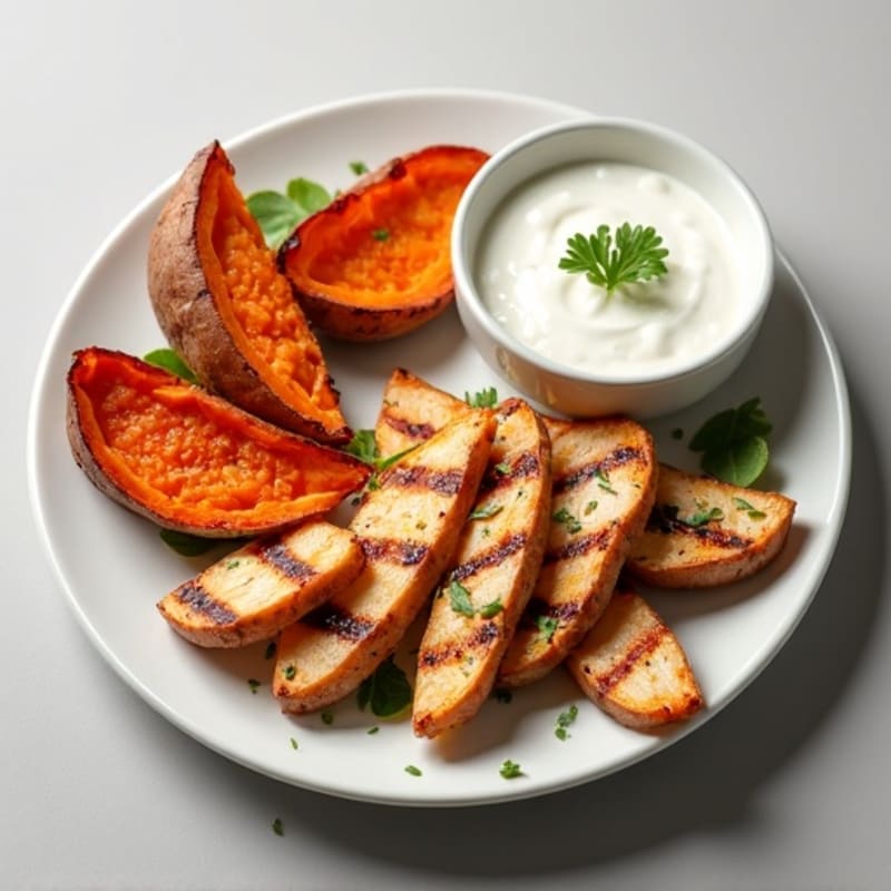 Crispy Baked Sweet Potato Wedges with Spiced Grilled Chicken & Greek Yogurt Dip