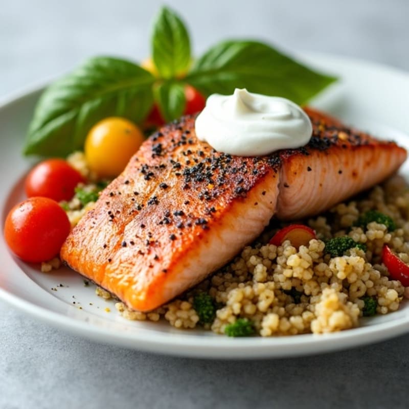 Seared Salmon with Roasted Vegetables and Quinoa