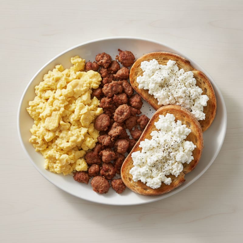 Scrambled Eggs with Turkey Sausage and Cottage Cheese Toast