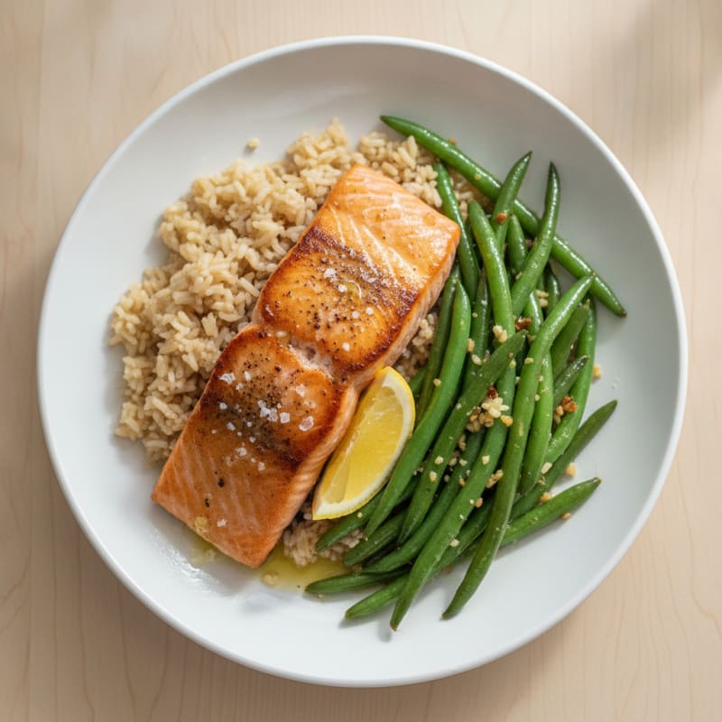 Seared Salmon with Garlic Green Beans and Brown Rice
