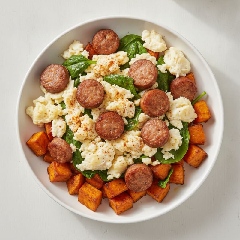 Scrambled Egg Whites with Turkey Sausage and Roasted Sweet Potatoes