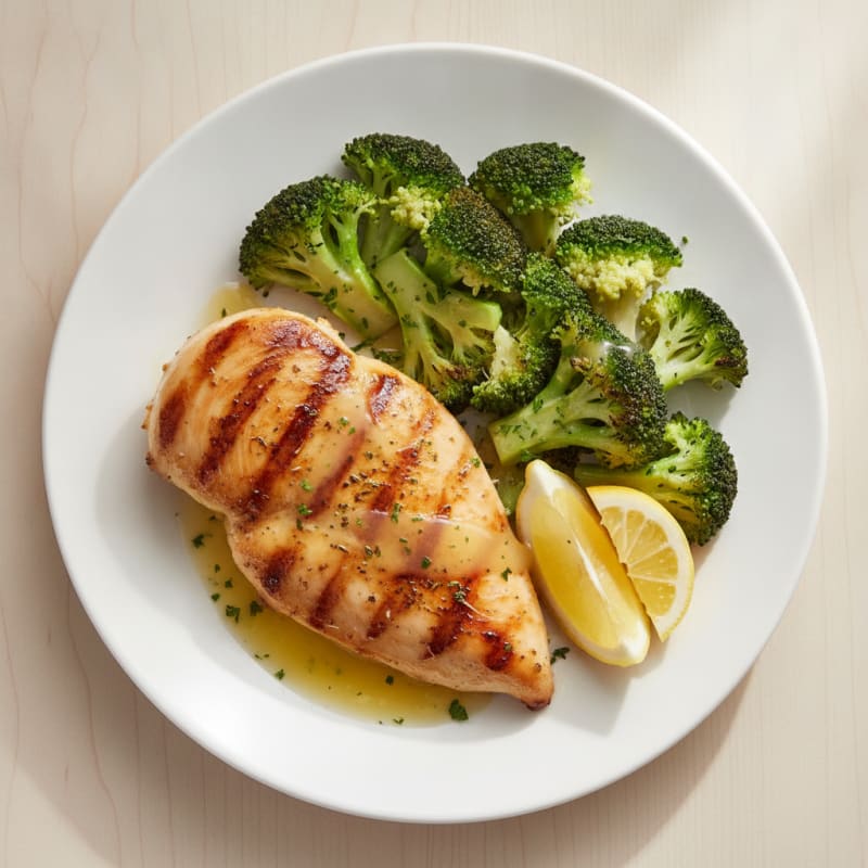 Grilled Chicken Breast with Steamed Broccoli and Lemon