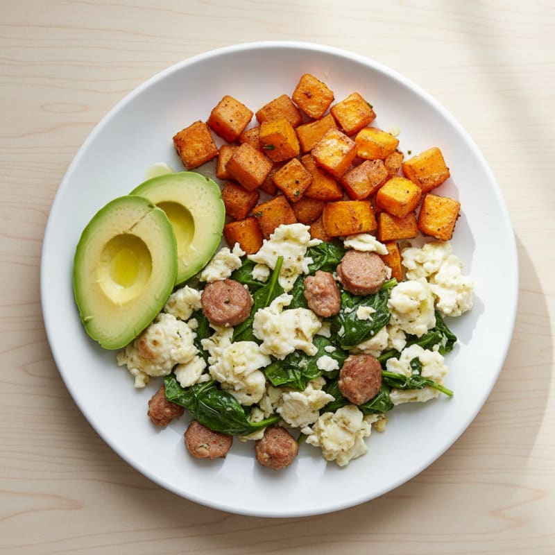 Egg White and Turkey Sausage Scramble with Roasted Sweet Potato