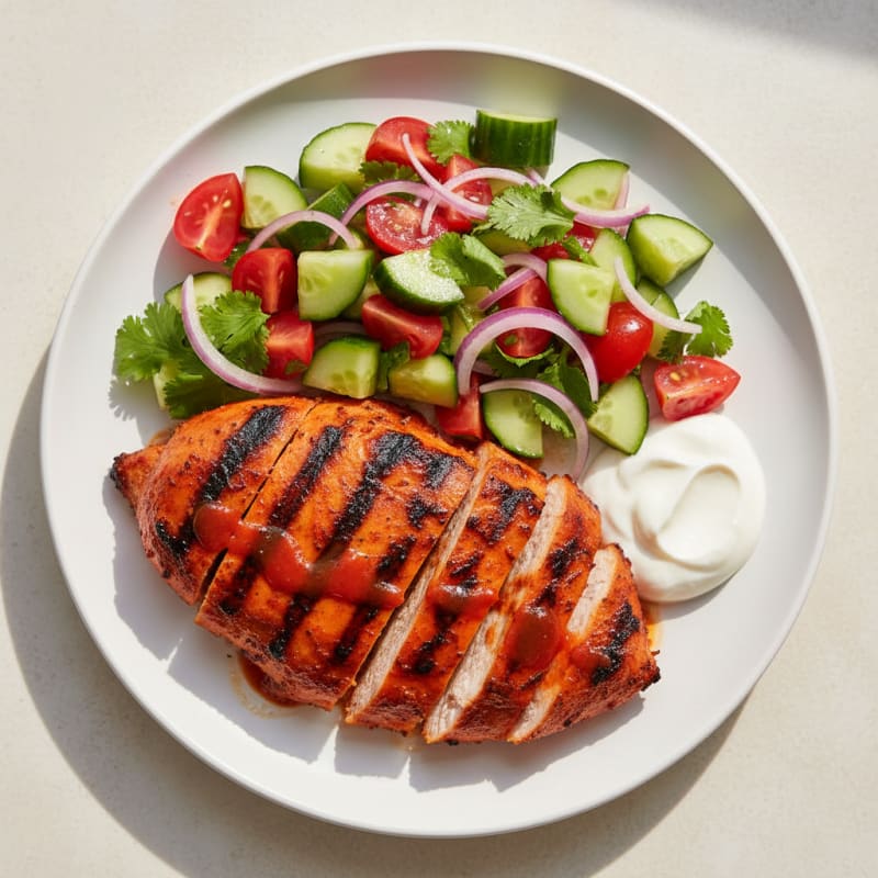 Grilled Tandoori Chicken Breast with Cucumber Tomato Salad