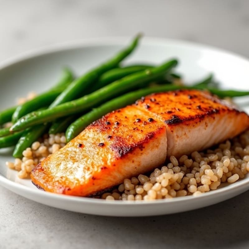 Seared Salmon Fillet with Steamed Green Beans and Brown Rice