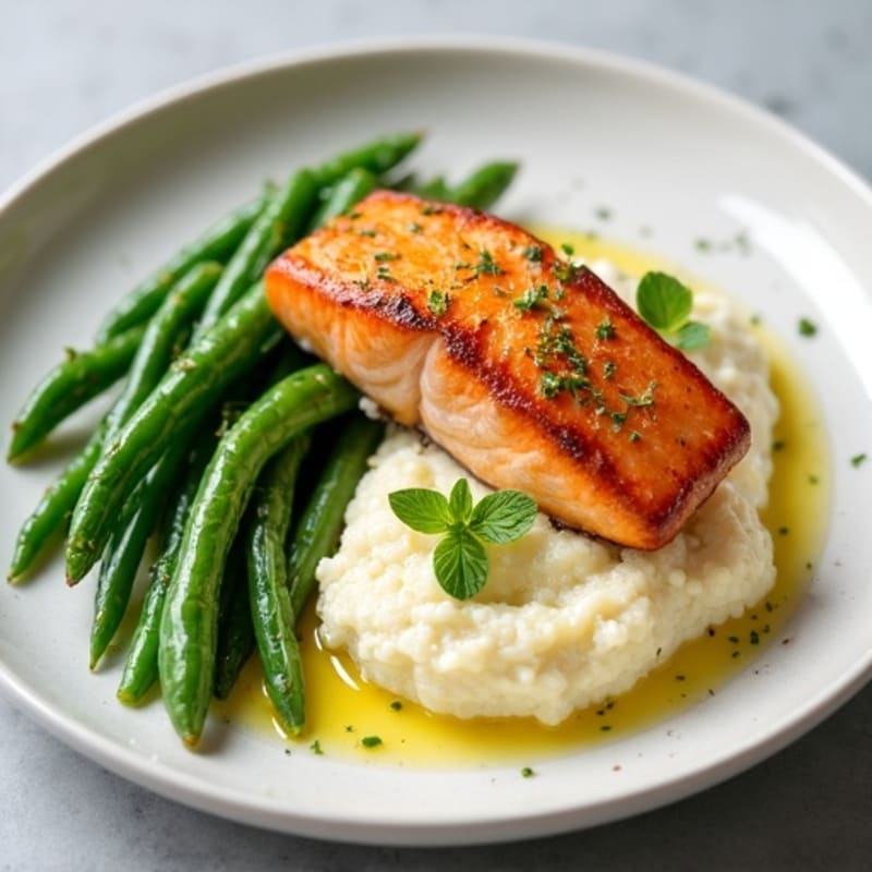 Seared Salmon with Garlic Green Beans and Cauliflower Mash