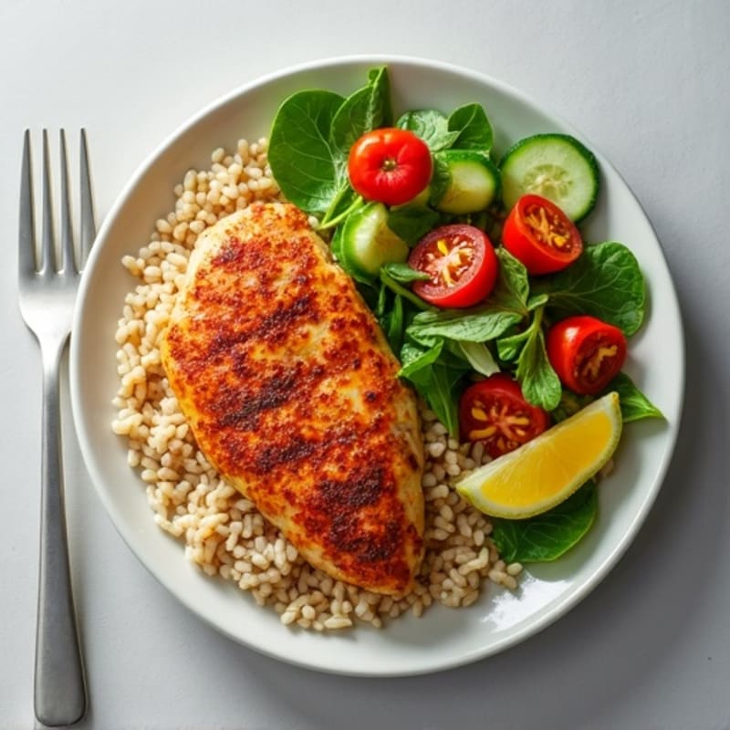 Spicy Pan-Seared Chicken with Brown Rice and Fresh Crisp Green Salad