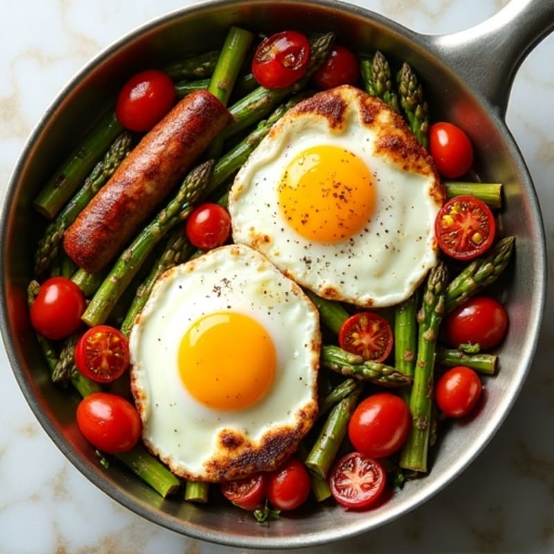 Sheet Pan Baked Eggs with Roasted Asparagus and Cherry Tomatoes