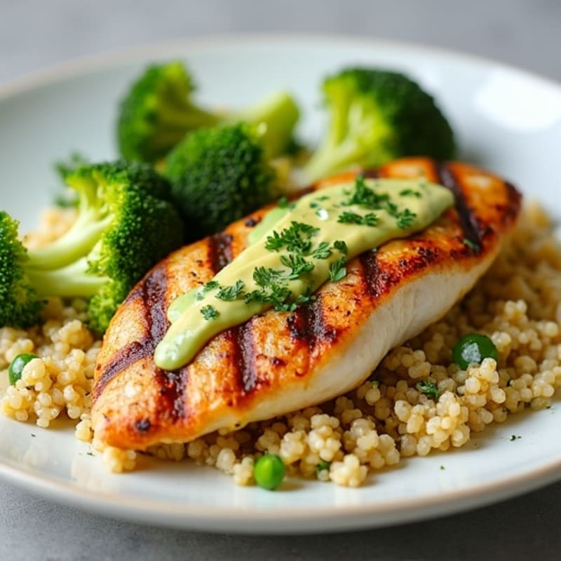Grilled Chicken Breast with Creamy Quinoa and Roasted Broccoli