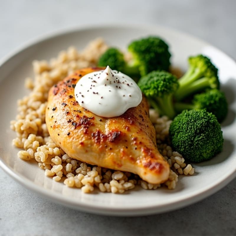 Lemon Garlic Chicken Thighs with Steamed Broccoli and Brown Rice