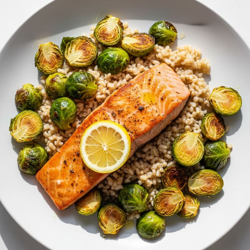Seared Salmon Fillet with Roasted Brussels Sprouts and Brown Rice