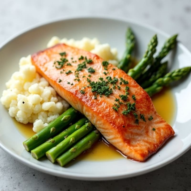 Seared Salmon with Steamed Asparagus and Garlic Mashed Cauliflower