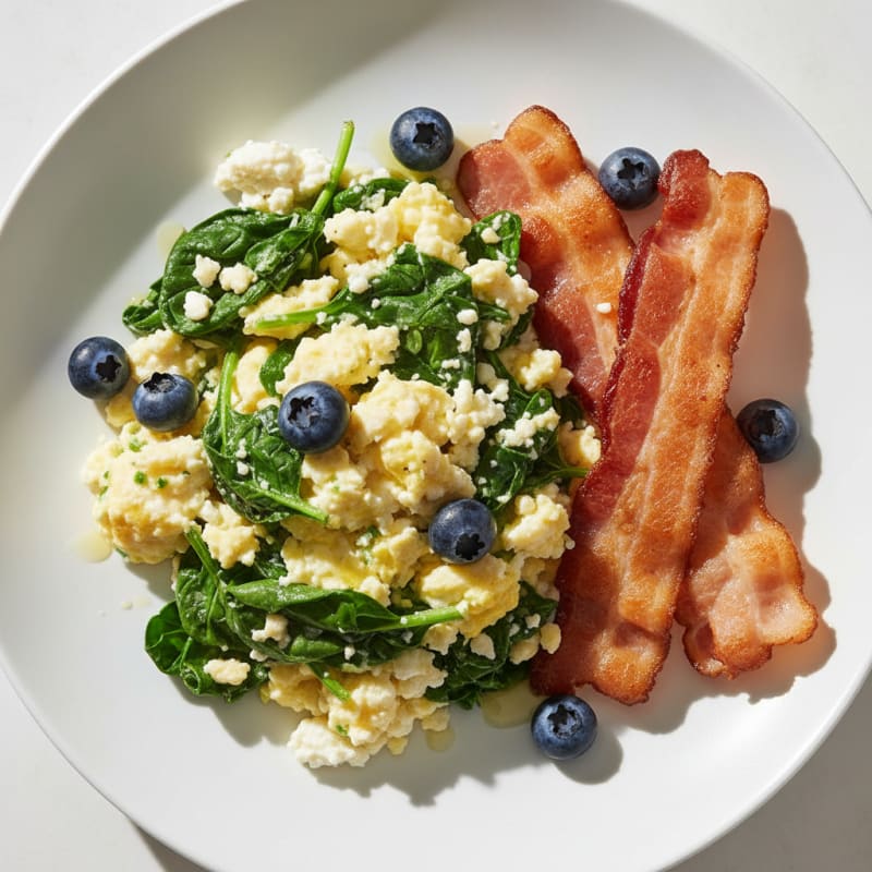Cottage Cheese Egg Scramble with Spinach and Turkey Bacon
