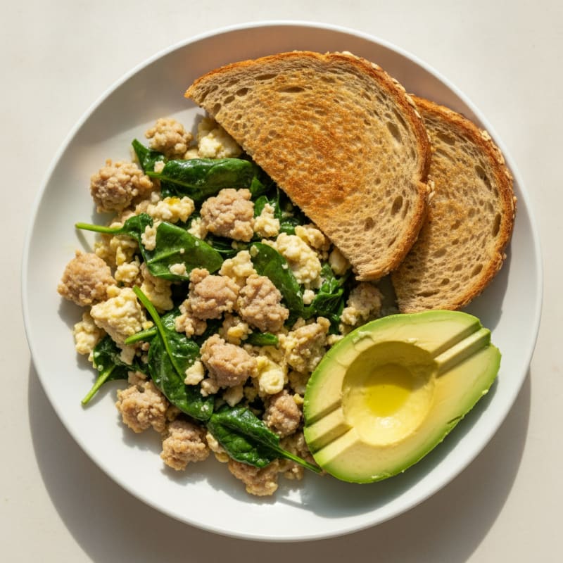 Egg White and Spinach Scramble with Turkey Sausage