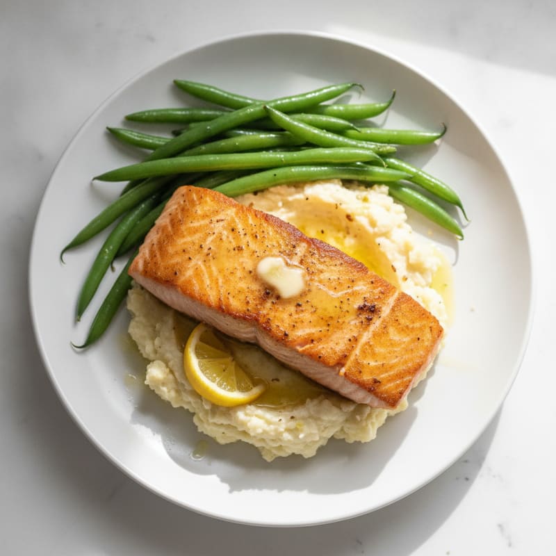 Seared Salmon with Steamed Green Beans and Garlic Mashed Cauliflower